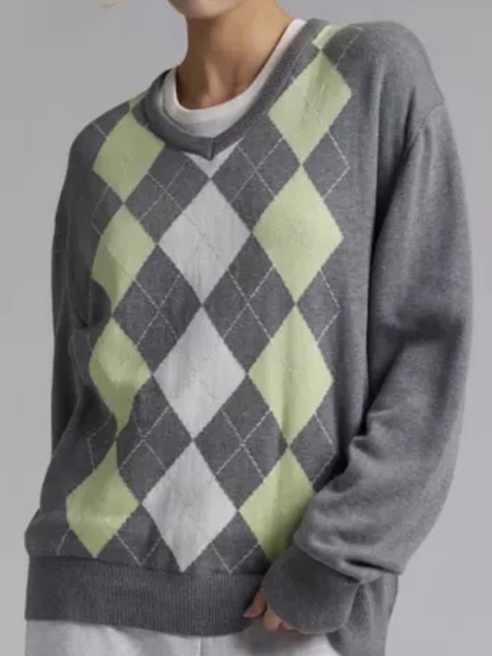 BDG XSmall Sweater Tashi Argyle Oversized V-Neck Urban Outfitters Grey Green